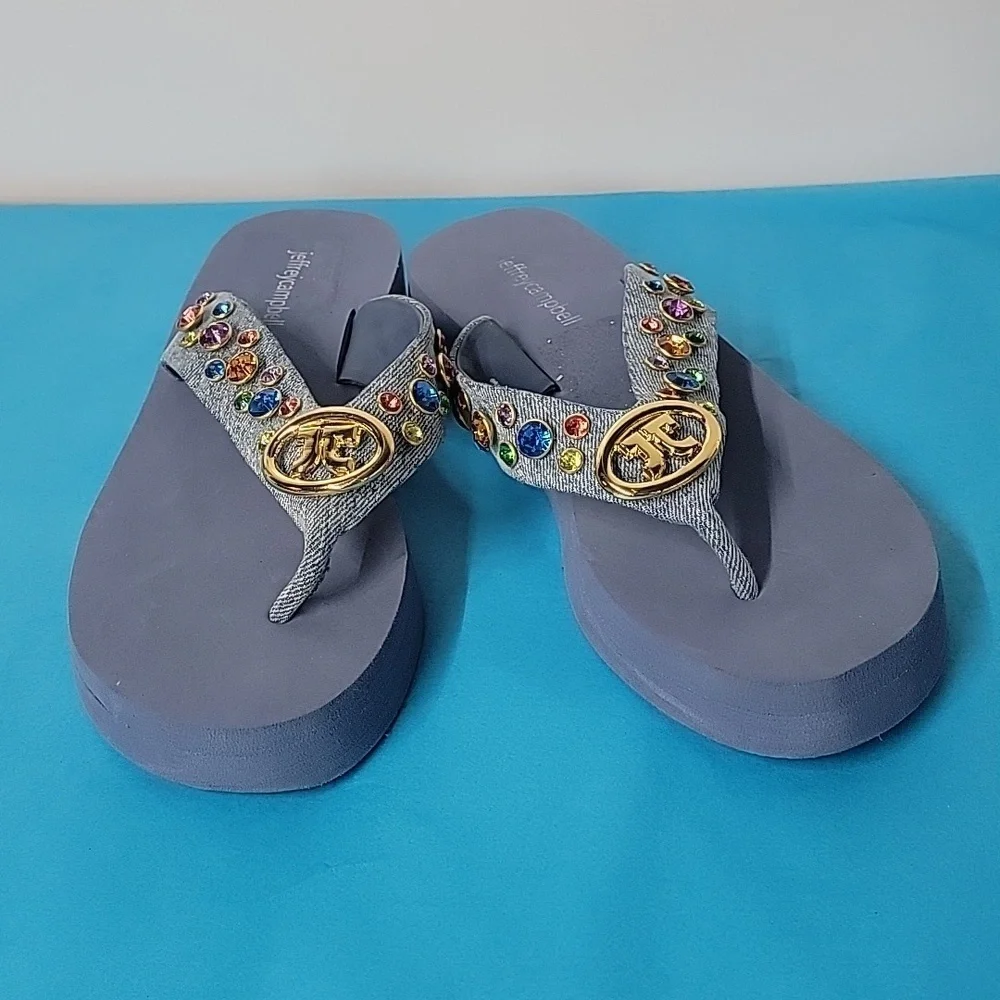 Jeffrey Campbell ICONICS Flip Flop In Blue Denim Multi Color Gemstones Size 9 - Picture 3 of 10